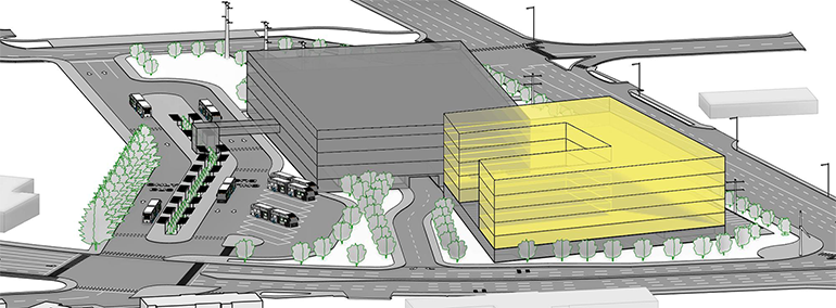 A rendering of the proposed future South Renton Transit Center viewed from the west. The potential future Agency TOD building is colored yellow and the potential future parking garage, drop off, and TNC building is colored gray.